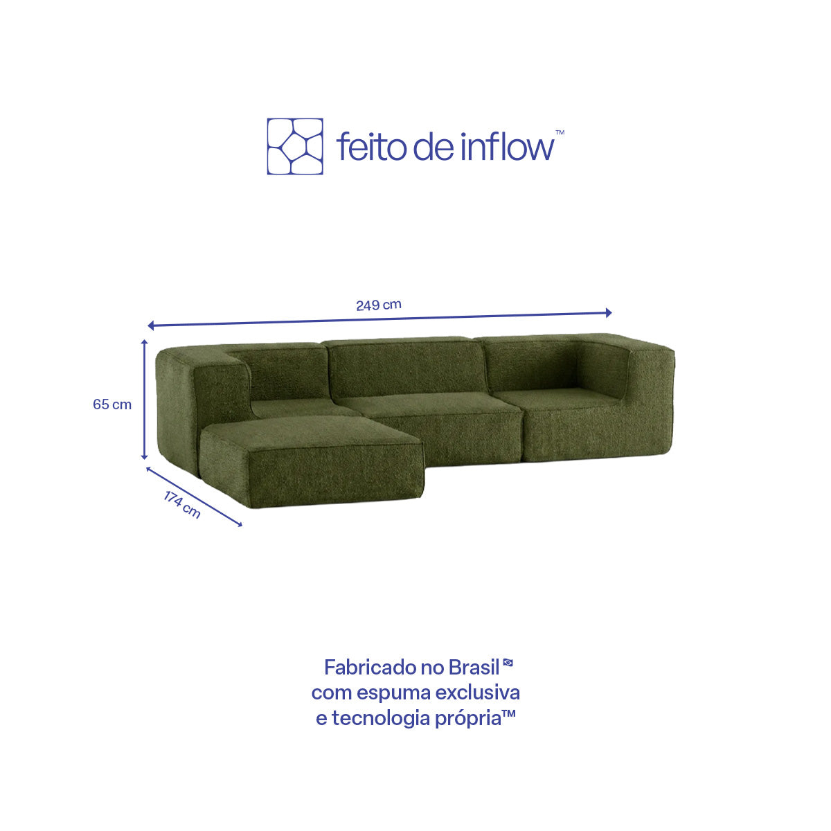 Sofá Modular Flow 3 Lugares 2 Cantos com 1 Apoio de Pé em Boucle Plus Green