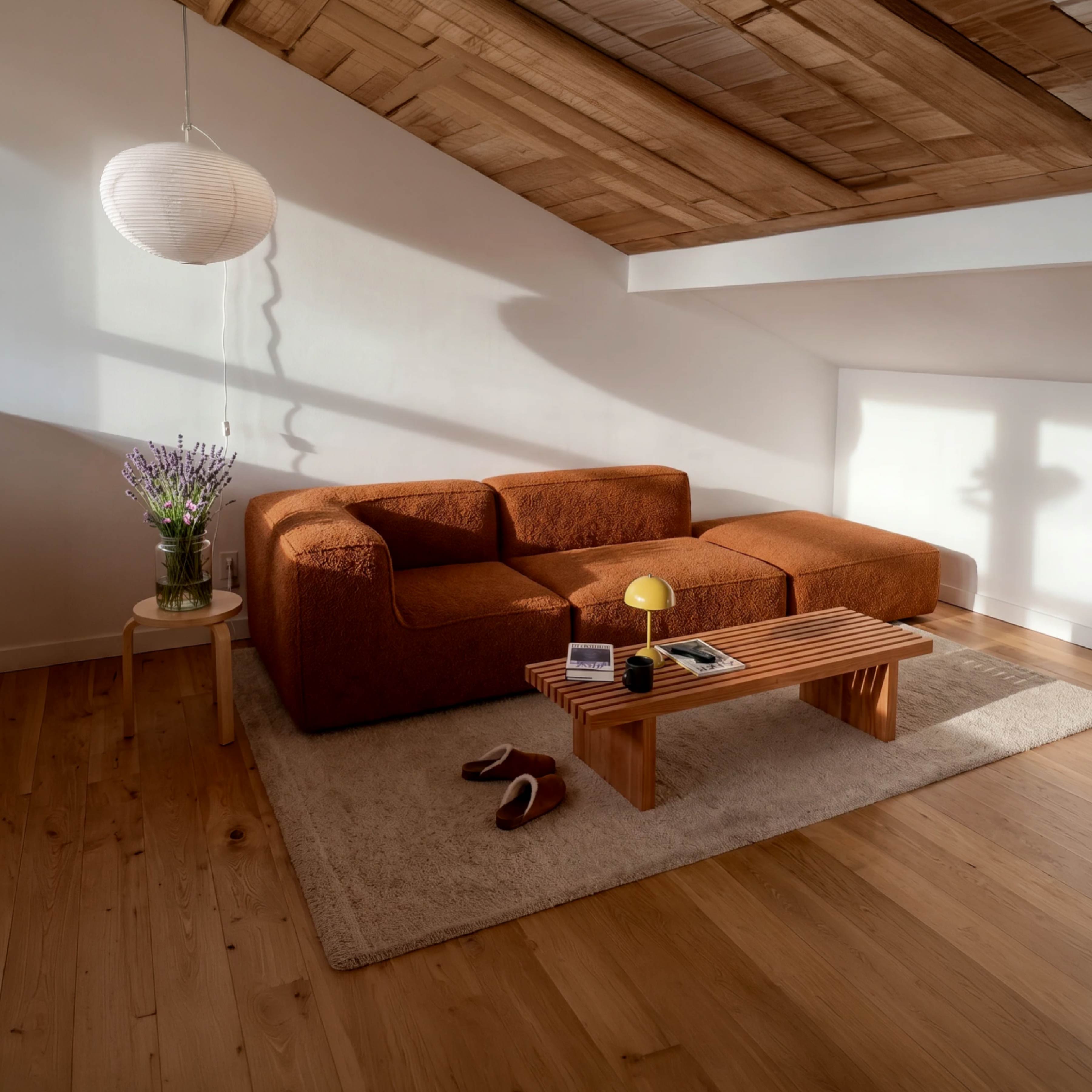 Sofá Modular Flow 2 Lugares 1 Canto com 1 Apoio de Pé em Boucle Plus Mostarda