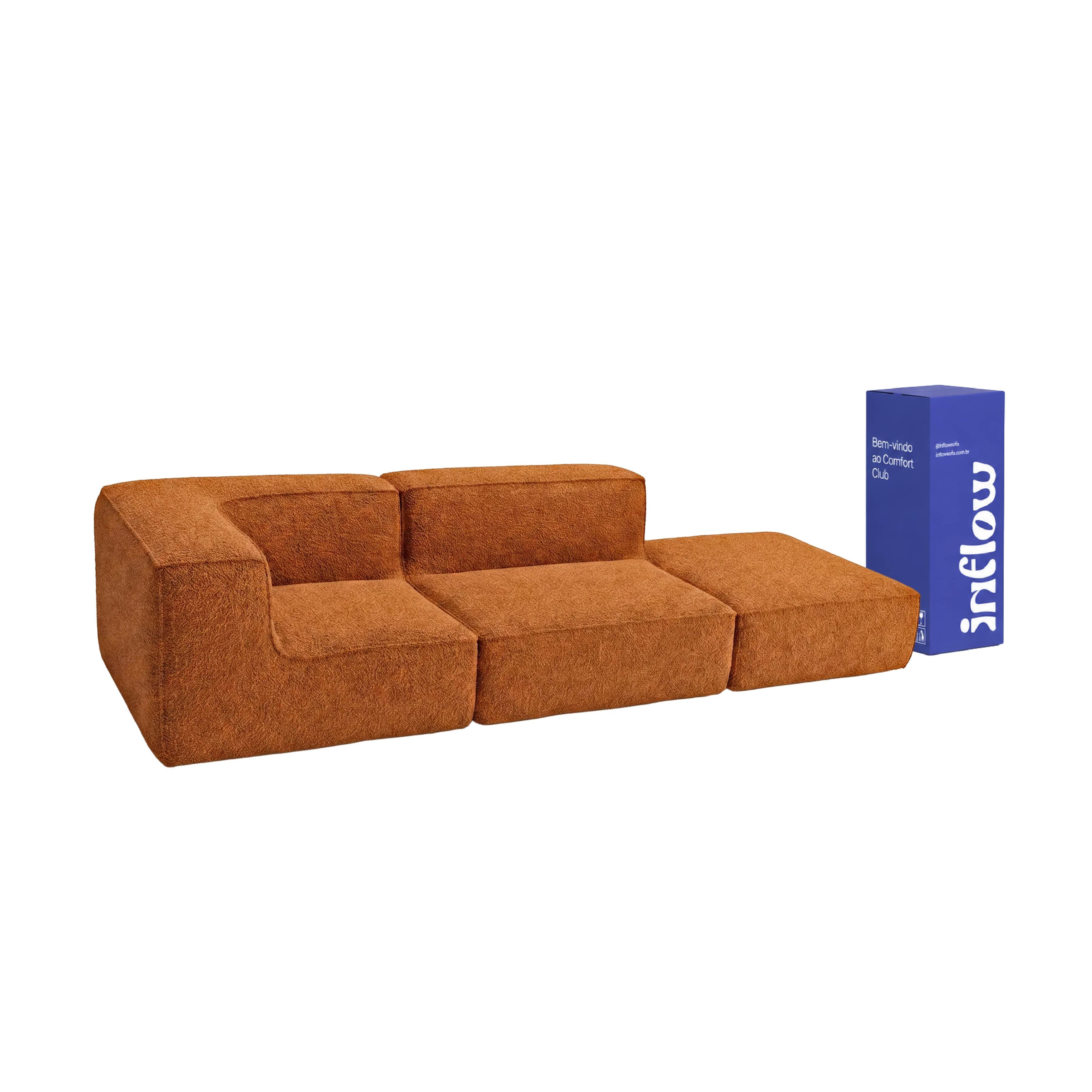 Sofá Modular Flow 2 Lugares 1 Canto com 1 Apoio de Pé em Boucle Plus Mostarda