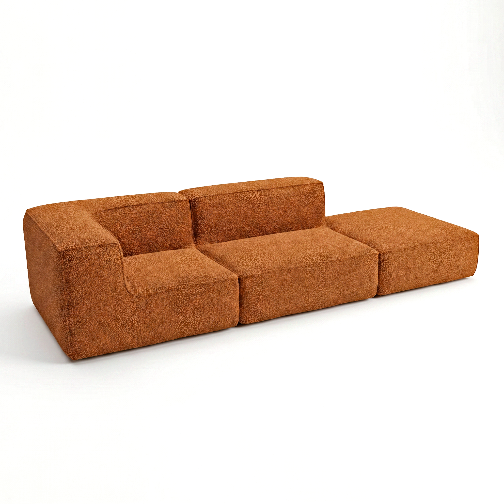 Sofá Modular Flow 2 Lugares 1 Canto com 1 Apoio de Pé em Boucle Plus Mostarda