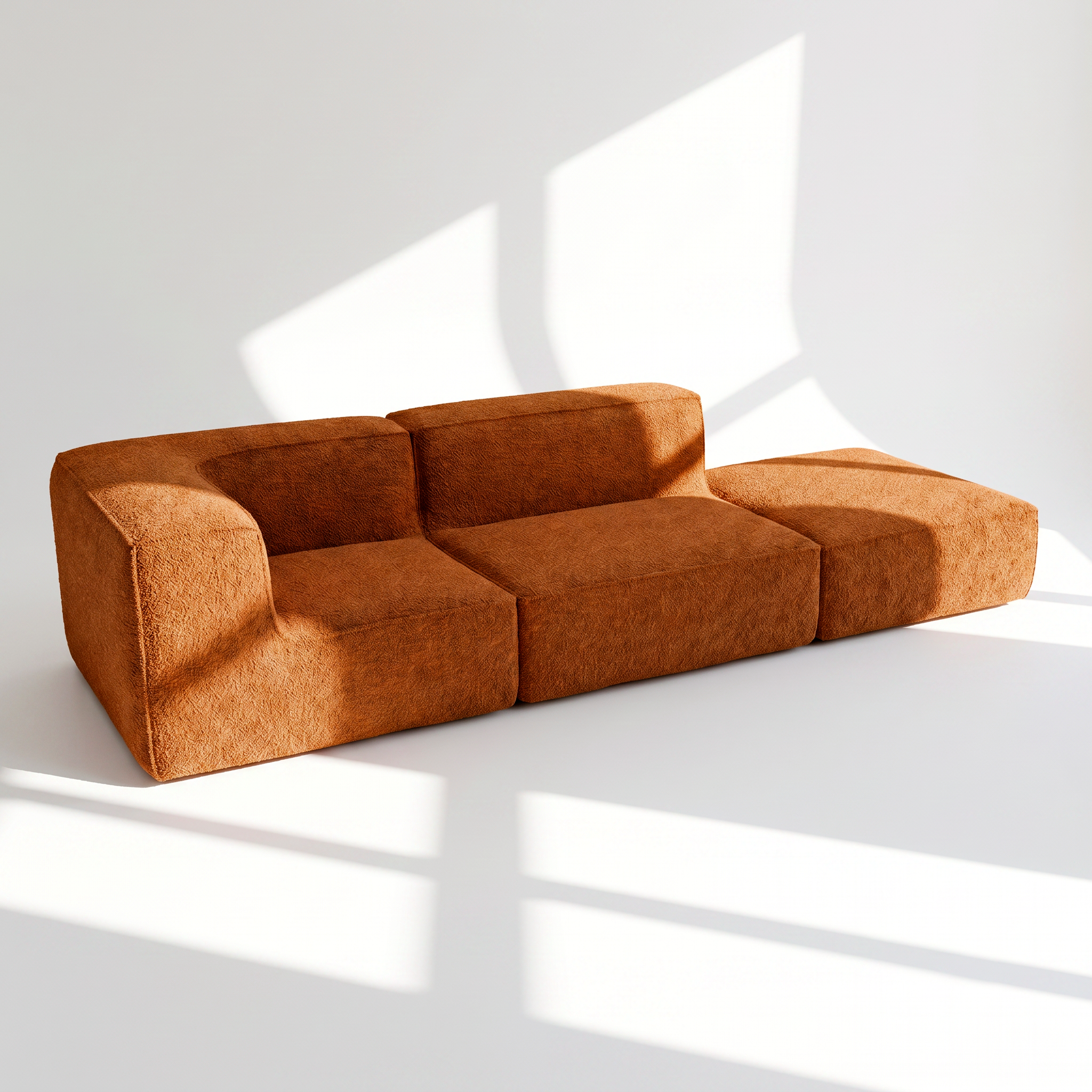 Sofá Modular Flow 2 Lugares 1 Canto com 1 Apoio de Pé em Boucle Plus Mostarda