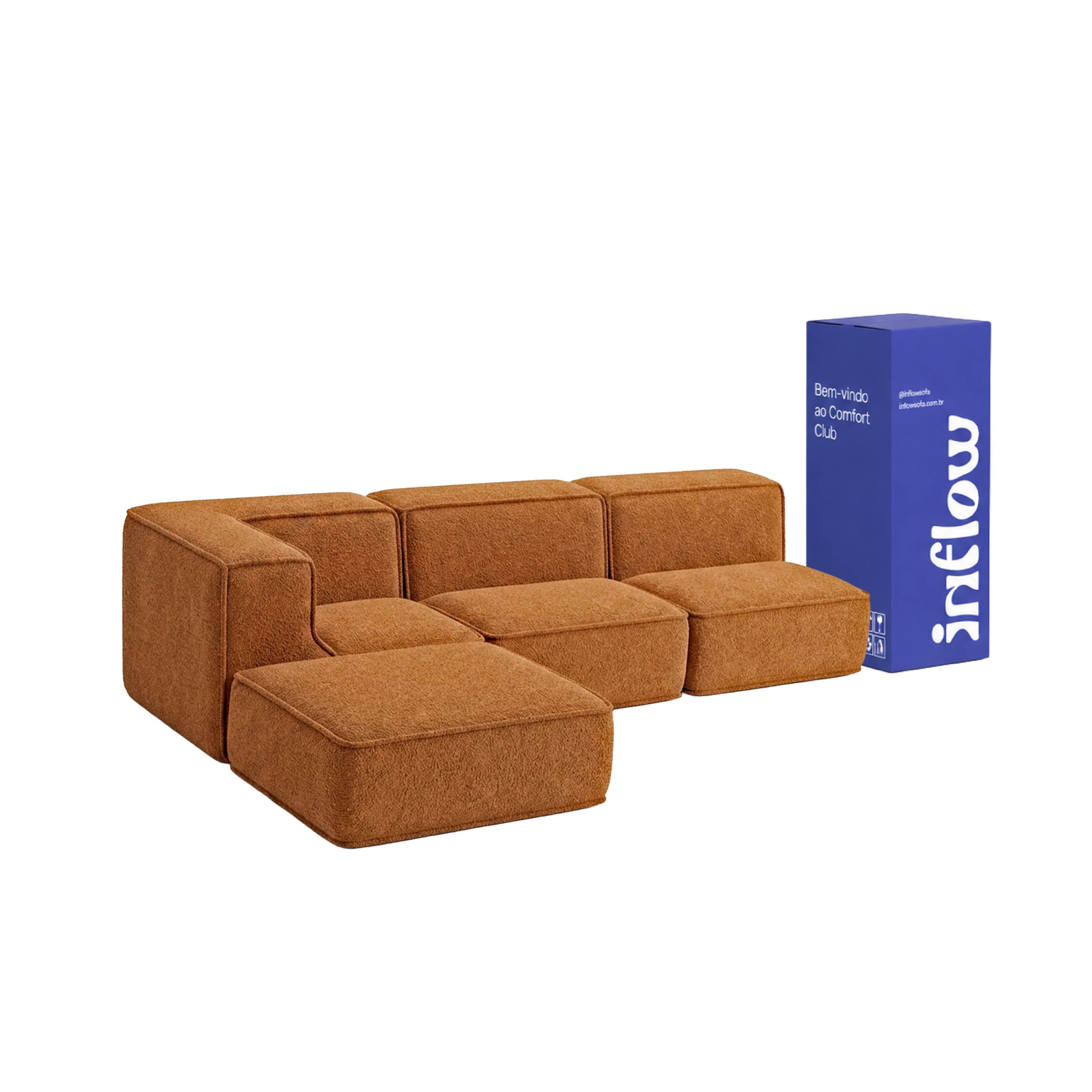 Sofá Modular Flow 3 Lugares 1 Canto com 1 Apoio de Pé em Boucle Plus Mostarda