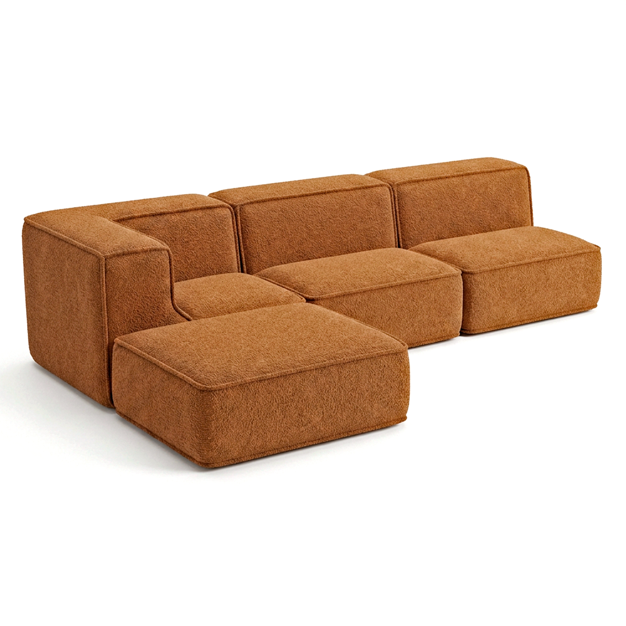 Sofá Modular Flow 3 Lugares 1 Canto com 1 Apoio de Pé em Boucle Plus Mostarda