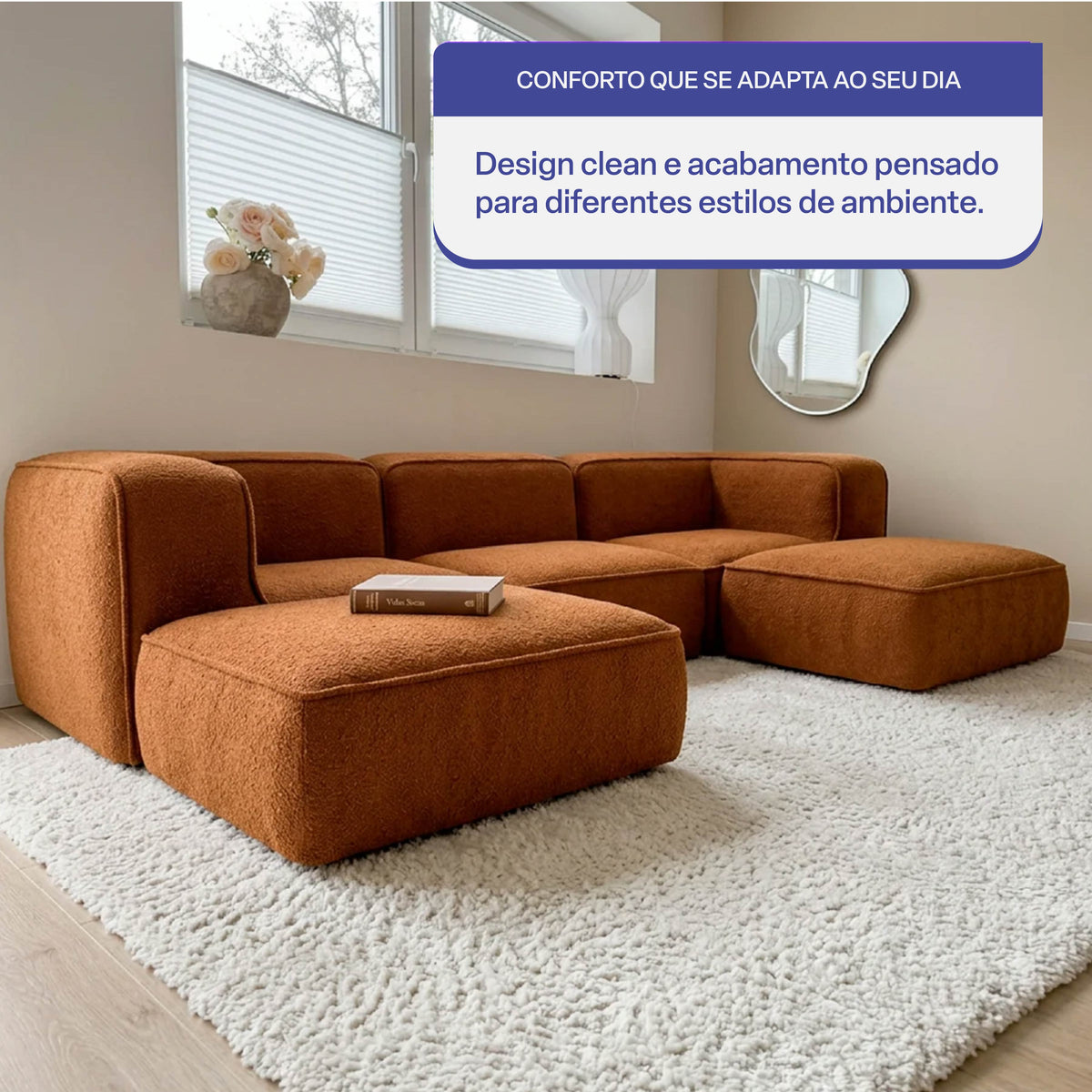 Sofá Modular Flow 3 Lugares 2 Cantos com 2 Apoios de Pé em Boucle Plus Mostarda