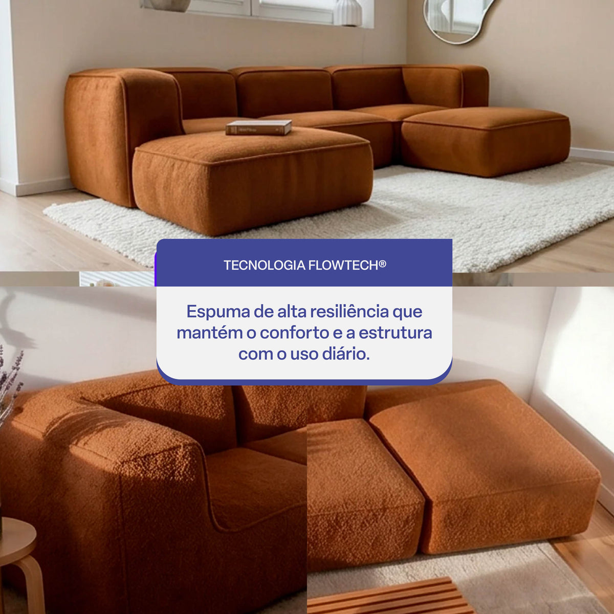 Sofá Modular Flow 3 Lugares 2 Cantos com 2 Apoios de Pé em Boucle Plus Mostarda