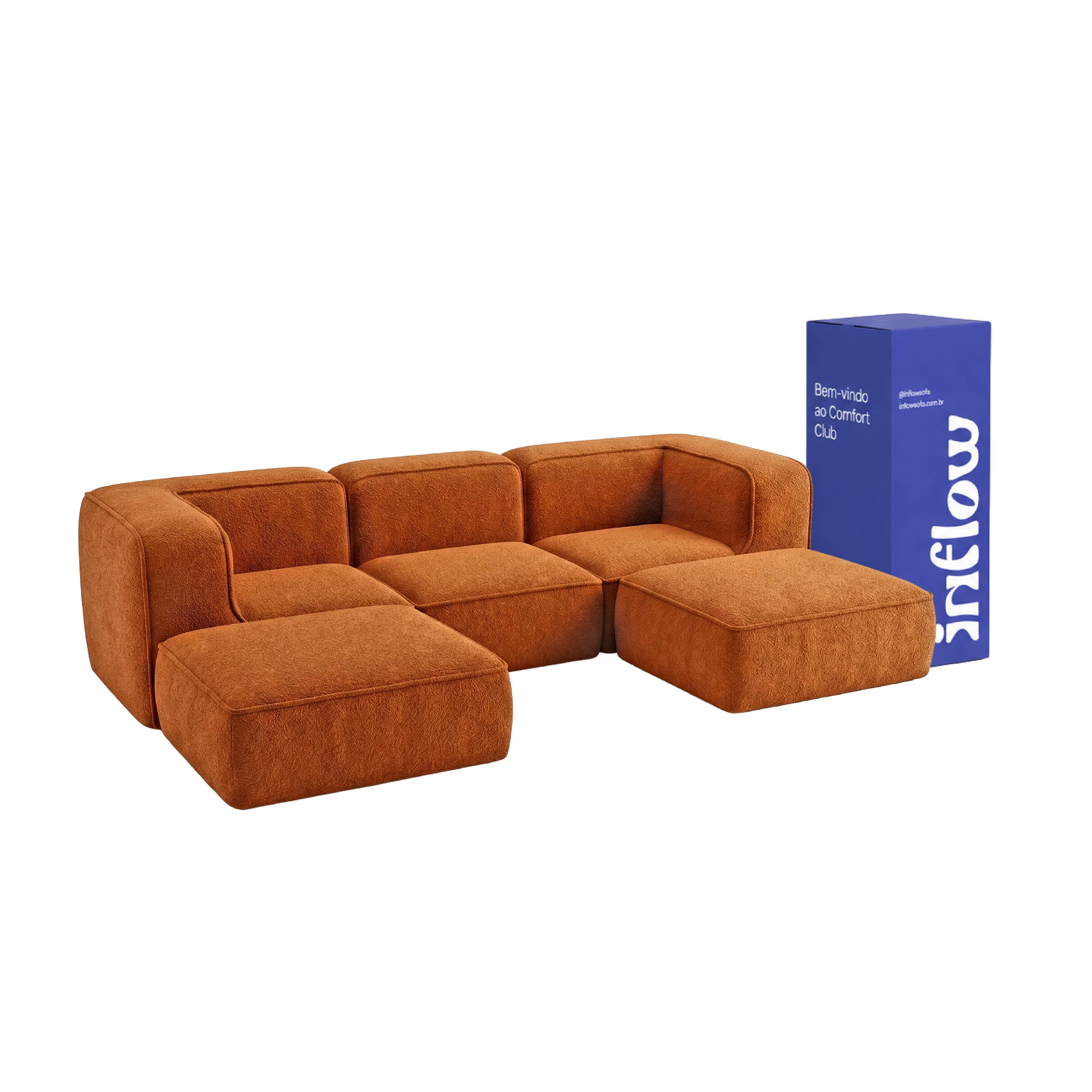Sofá Modular Flow 3 Lugares 2 Cantos com 2 Apoios de Pé em Boucle Plus Mostarda