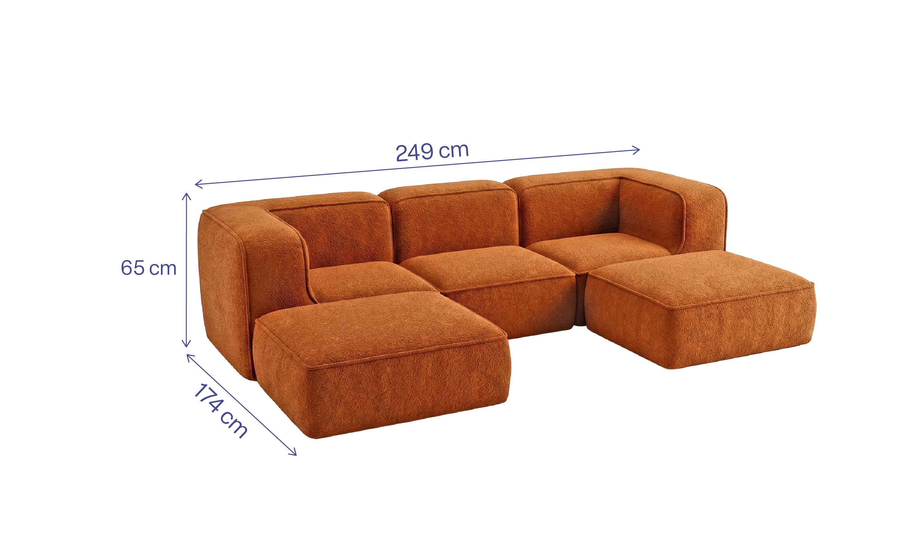 Sofá Modular Flow 3 Lugares 2 Cantos com 2 Apoios de Pé em Boucle Plus Mostarda
