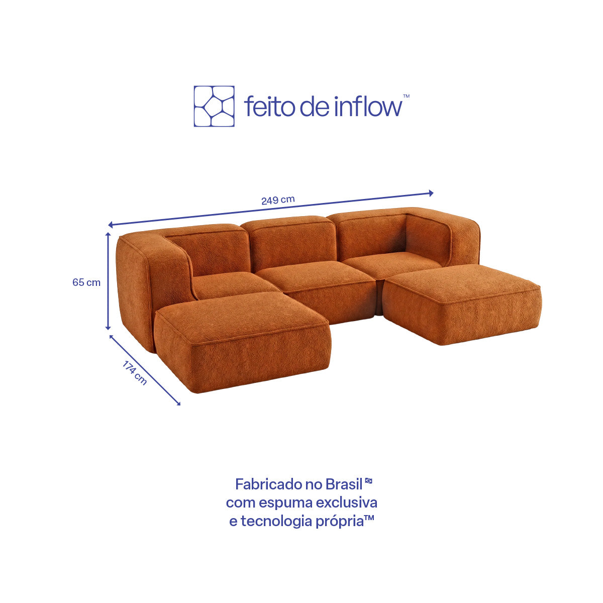 Sofá Modular Flow 3 Lugares 2 Cantos com 2 Apoios de Pé em Boucle Plus Mostarda