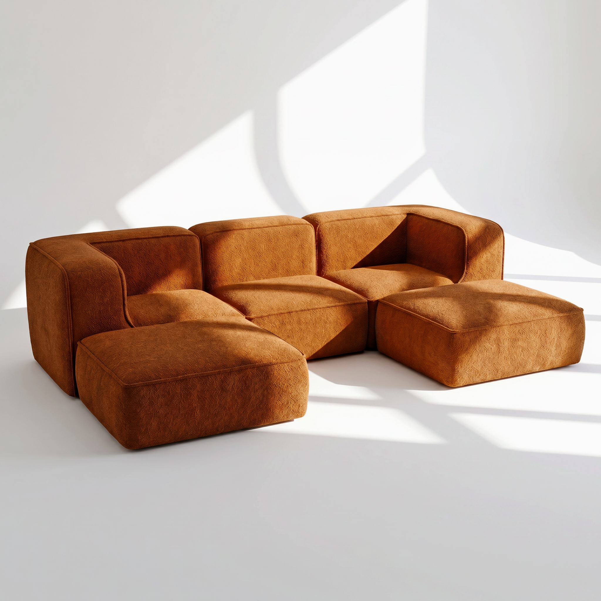 Sofá Modular Flow 3 Lugares 2 Cantos com 2 Apoios de Pé em Boucle Plus Mostarda