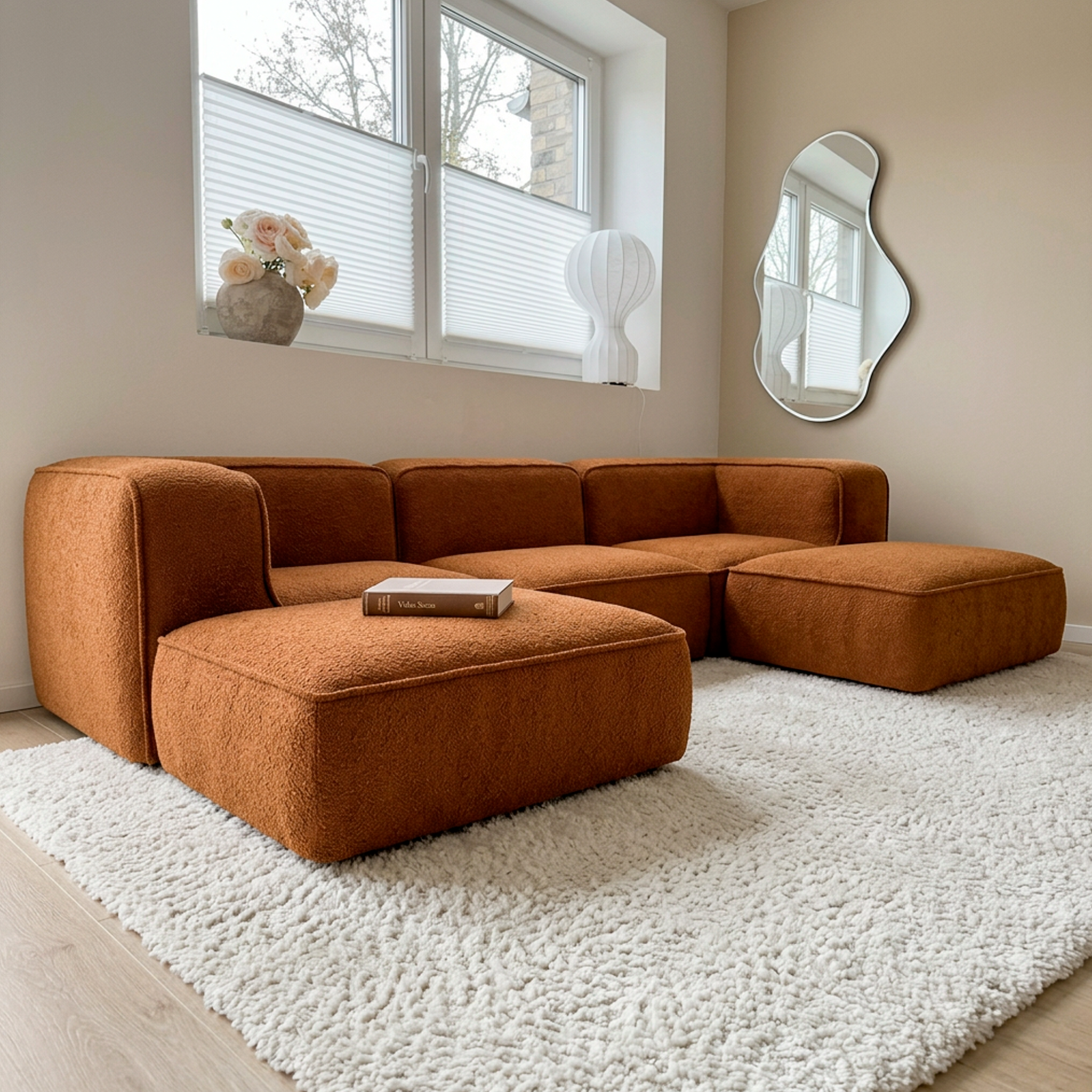 Sofá Modular Flow 3 Lugares 2 Cantos com 2 Apoios de Pé em Boucle Plus Mostarda