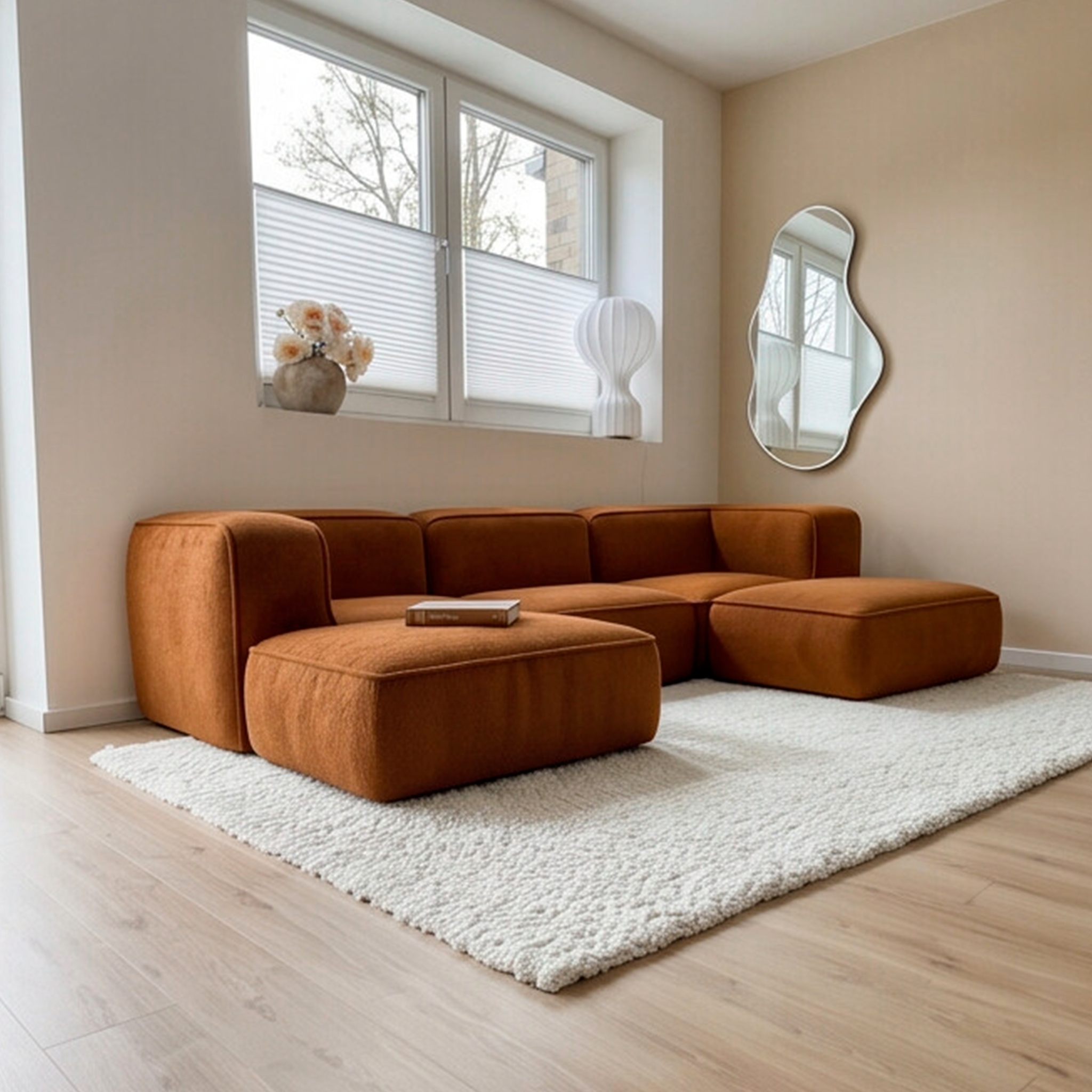 Sofá Modular Flow 3 Lugares 2 Cantos com 2 Apoios de Pé em Boucle Plus Mostarda