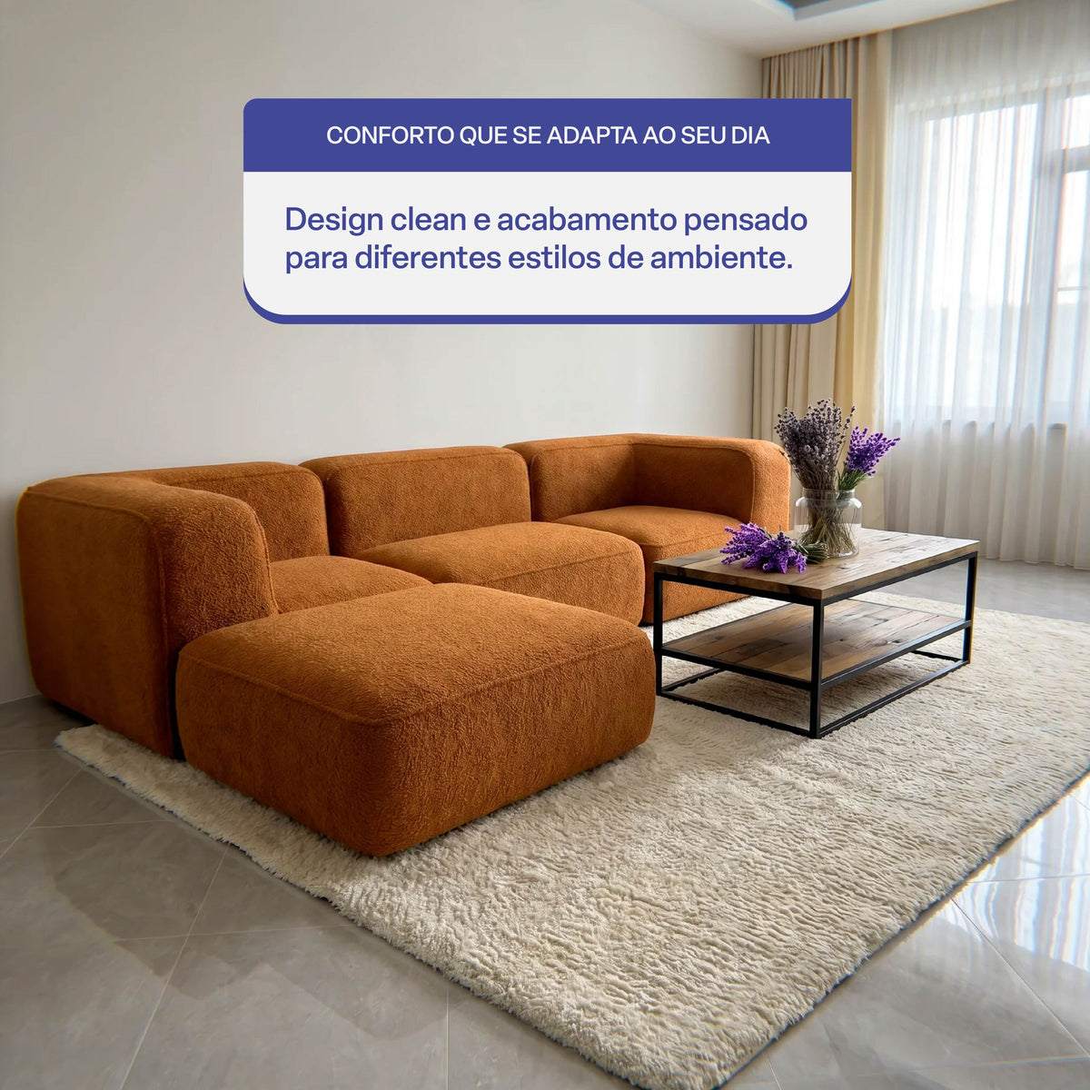 Sofá Modular Flow 3 Lugares 2 Cantos com 1 Apoio de Pé em Boucle Plus Mostarda