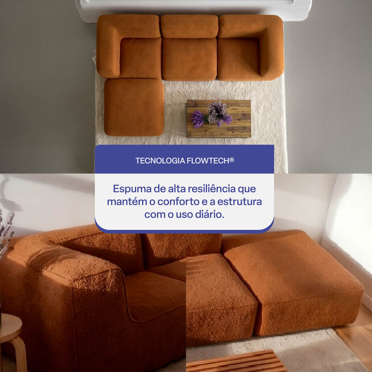 Sofá Modular Flow 3 Lugares 2 Cantos com 1 Apoio de Pé em Boucle Plus Mostarda
