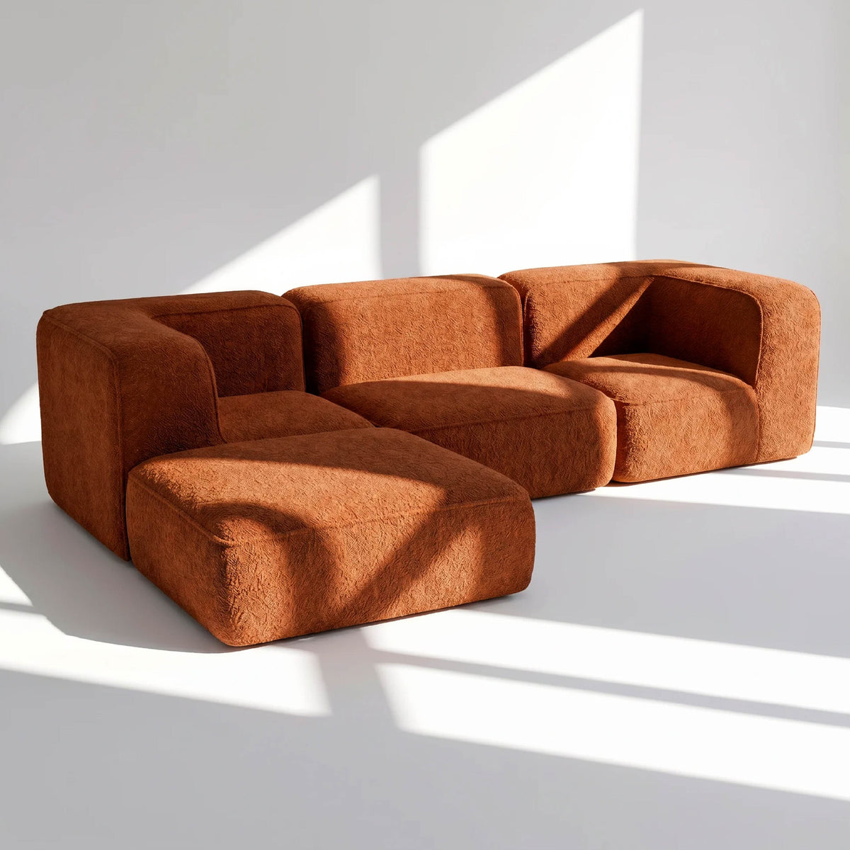 Sofá Modular Flow 3 Lugares 2 Cantos com 1 Apoio de Pé em Boucle Plus Mostarda