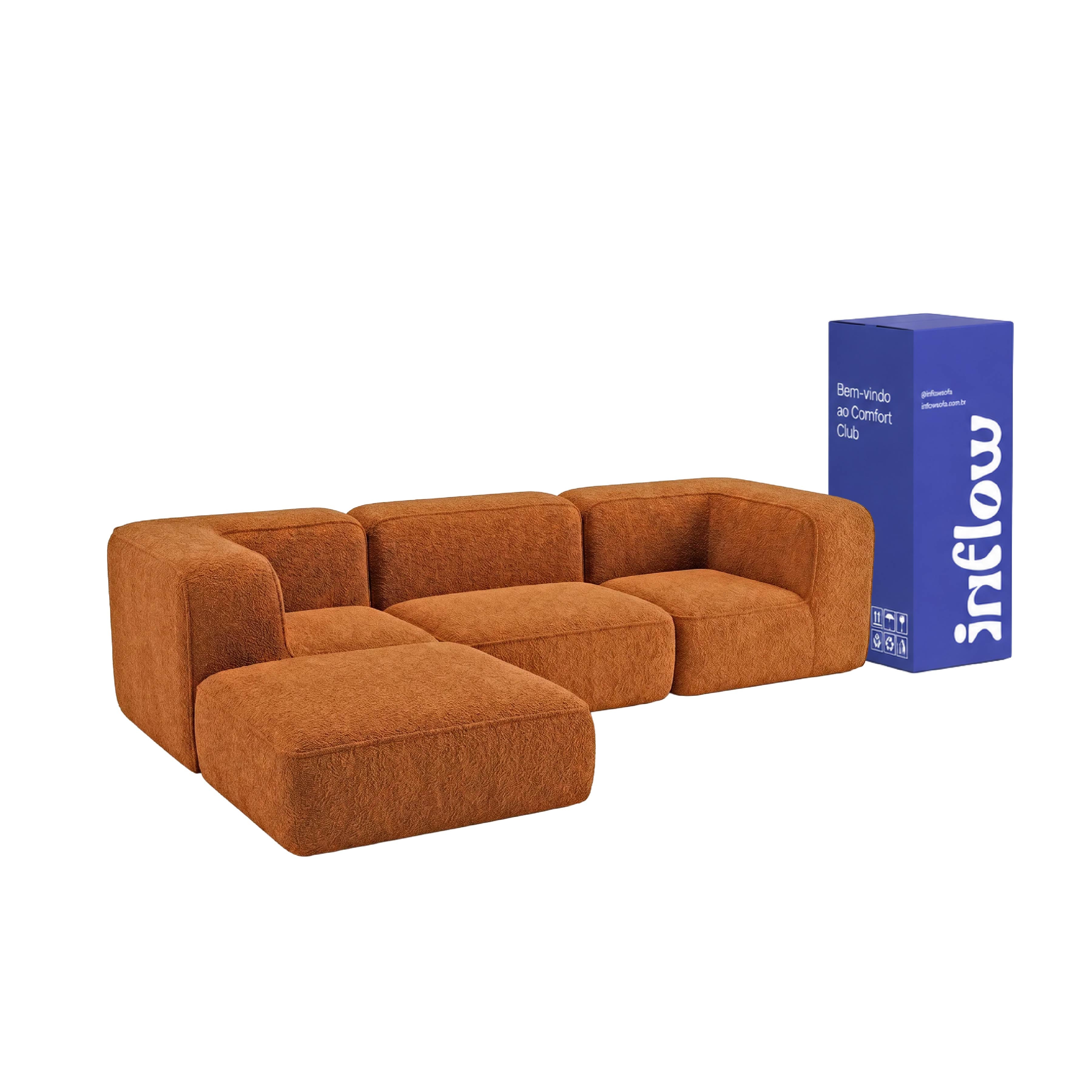 Sofá Modular Flow 3 Lugares 2 Cantos com 1 Apoio de Pé em Boucle Plus Mostarda