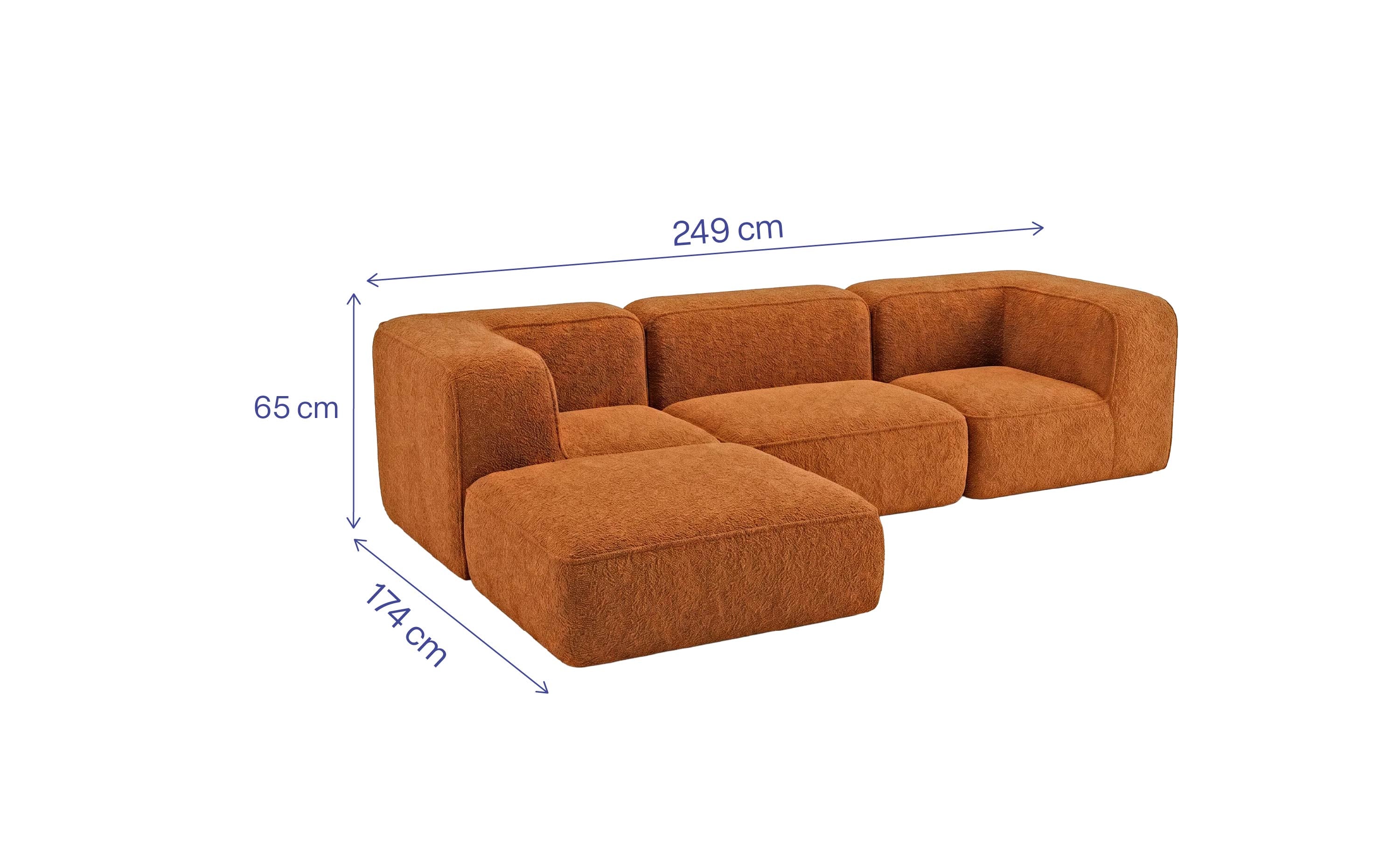 Sofá Modular Flow 3 Lugares 2 Cantos com 1 Apoio de Pé em Boucle Plus Mostarda