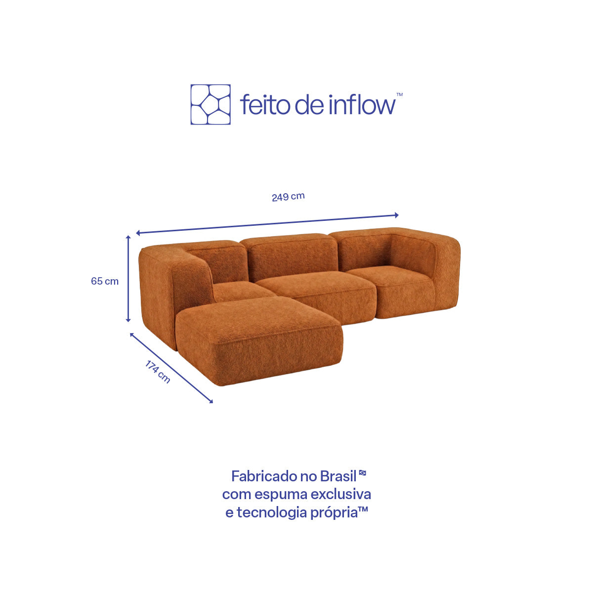 Sofá Modular Flow 3 Lugares 2 Cantos com 1 Apoio de Pé em Boucle Plus Mostarda