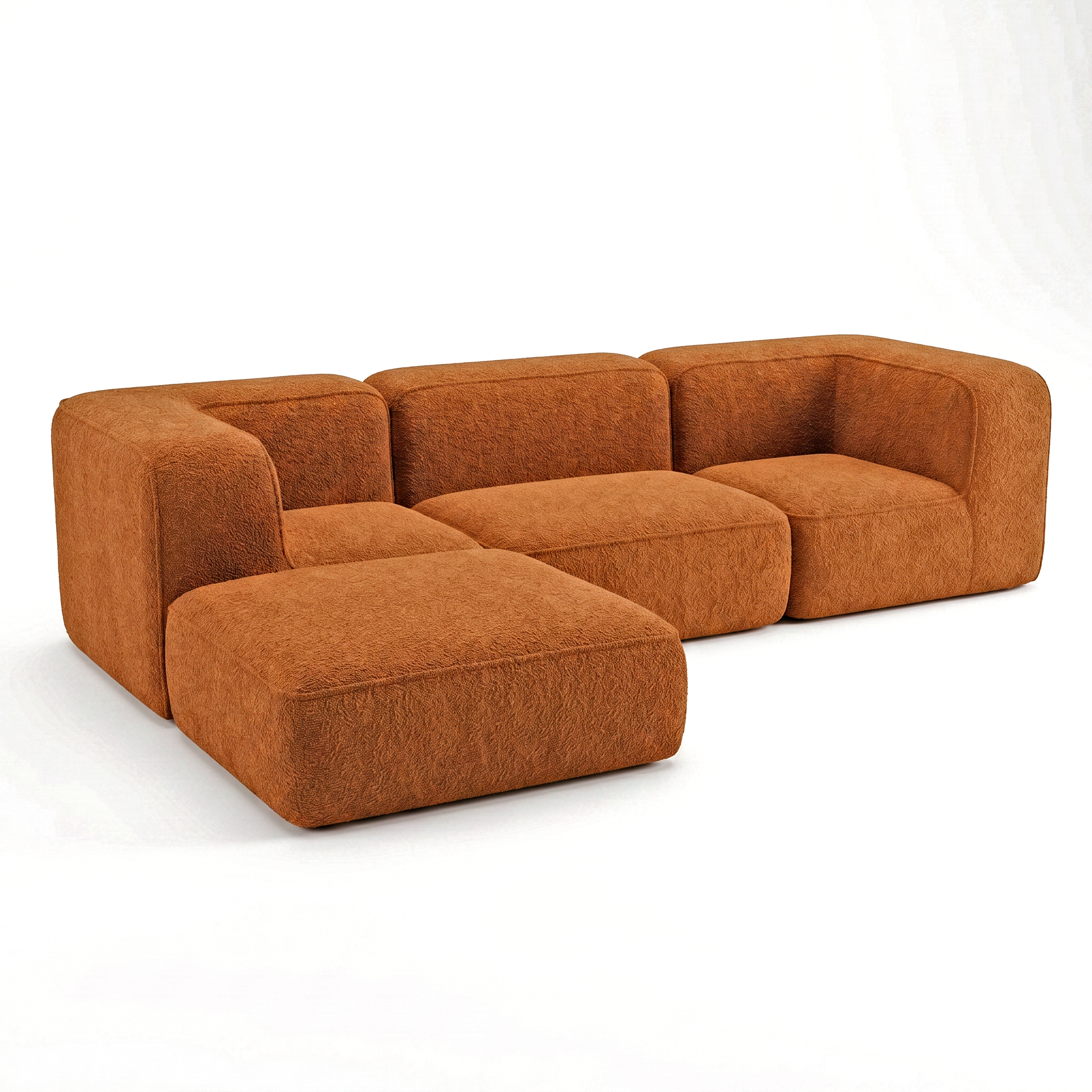Sofá Modular Flow 3 Lugares 2 Cantos com 1 Apoio de Pé em Boucle Plus Mostarda