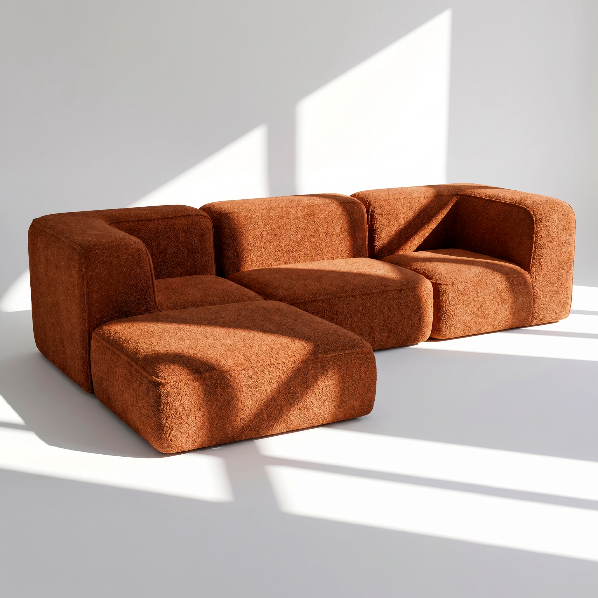 Sofá Modular Flow 3 Lugares 2 Cantos com 1 Apoio de Pé em Boucle Plus Mostarda