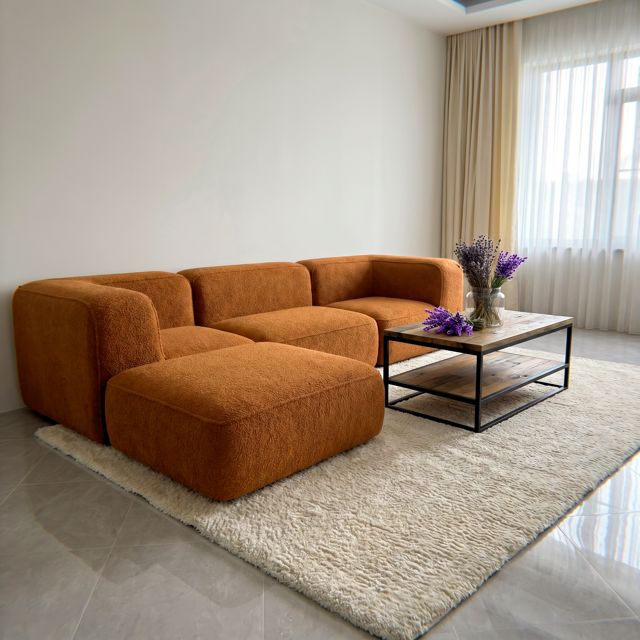 Sofá Modular Flow 3 Lugares 2 Cantos com 1 Apoio de Pé em Boucle Plus Mostarda