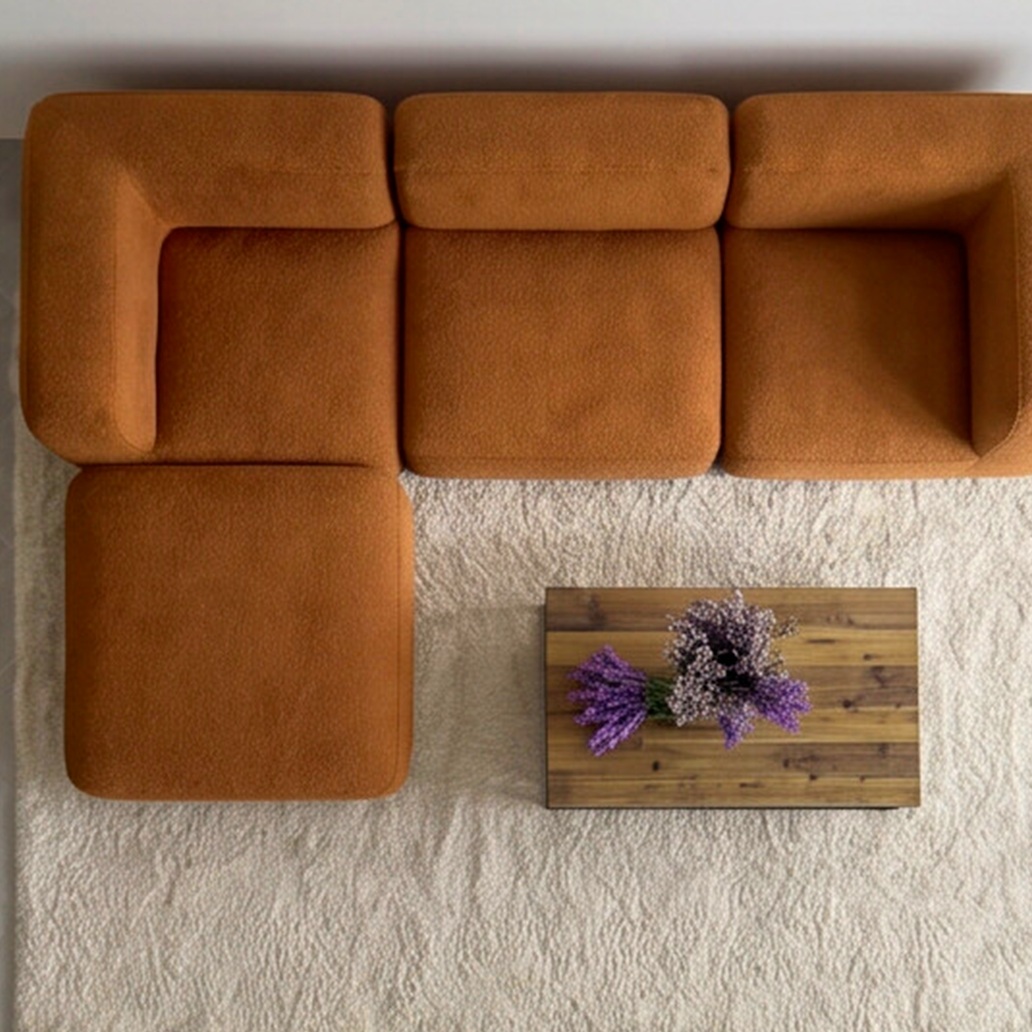 Sofá Modular Flow 3 Lugares 2 Cantos com 1 Apoio de Pé em Boucle Plus Mostarda