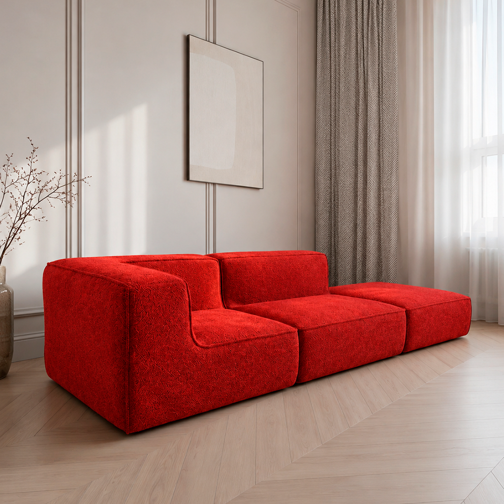 Sofá Modular Flow 2 Lugares 1 Canto com 1 Apoio de Pé em Boucle Plus Terracota