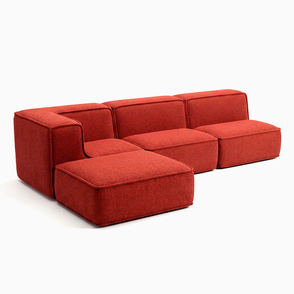 Sofá Modular Flow 3 Lugares 1 Canto com 1 Apoio de Pé em Boucle Plus Terracota