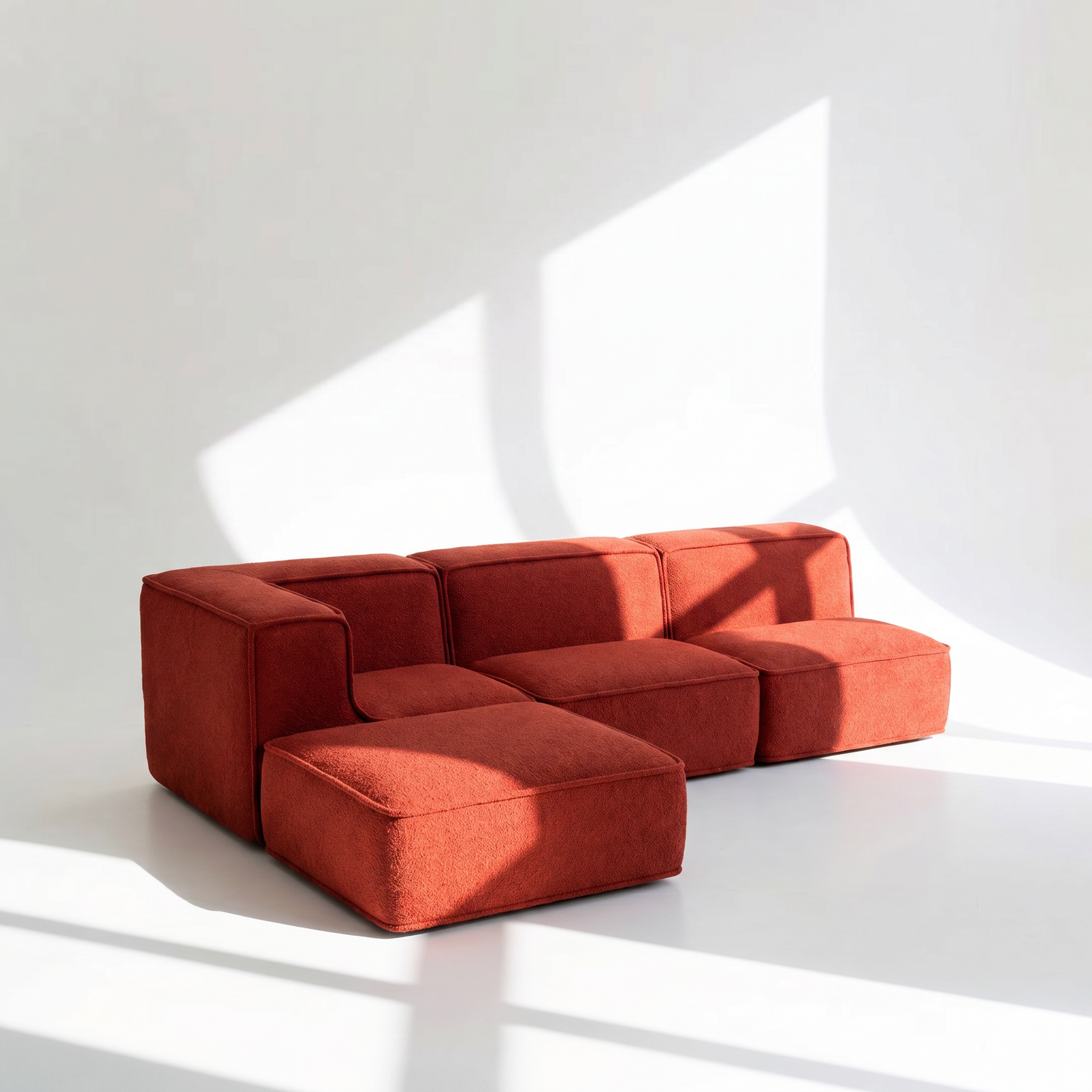Sofá Modular Flow 3 Lugares 1 Canto com 1 Apoio de Pé em Boucle Plus Terracota