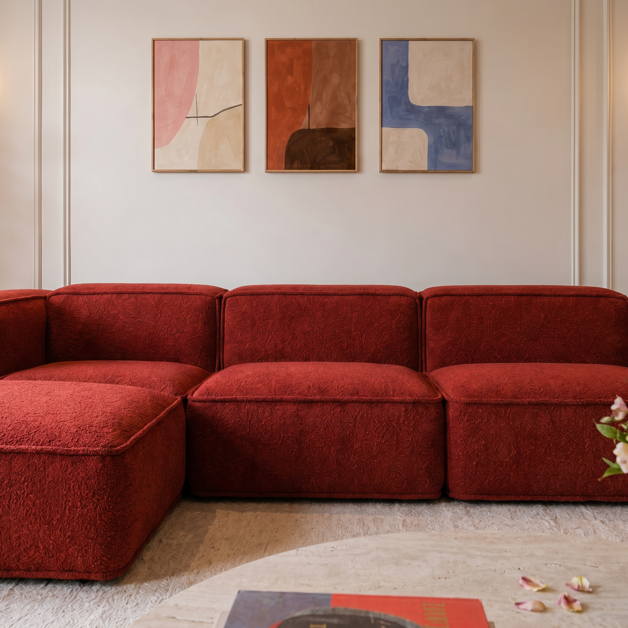 Sofá Modular Flow 3 Lugares 1 Canto com 1 Apoio de Pé em Boucle Plus Terracota