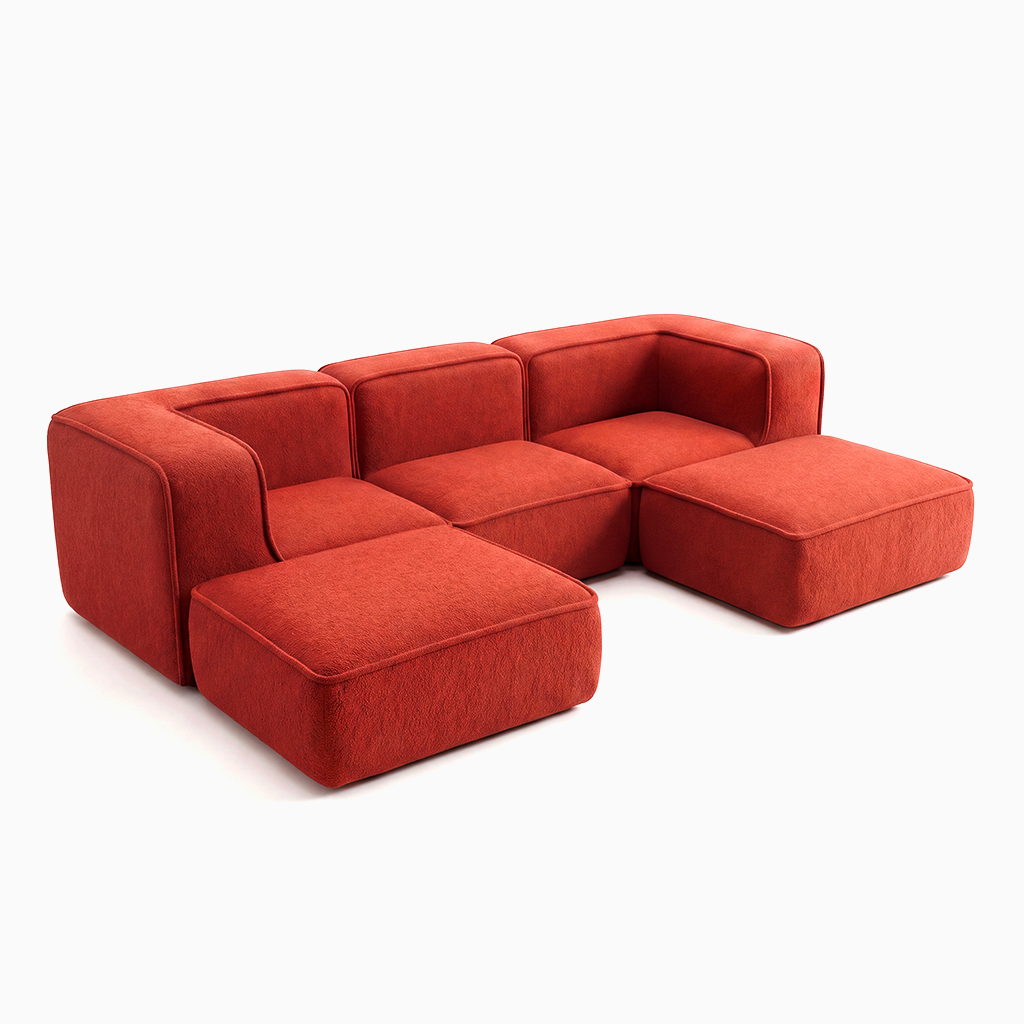 Sofá Modular Flow 3 Lugares 2 Cantos com 2 Apoios de Pé em Boucle Plus Terracota