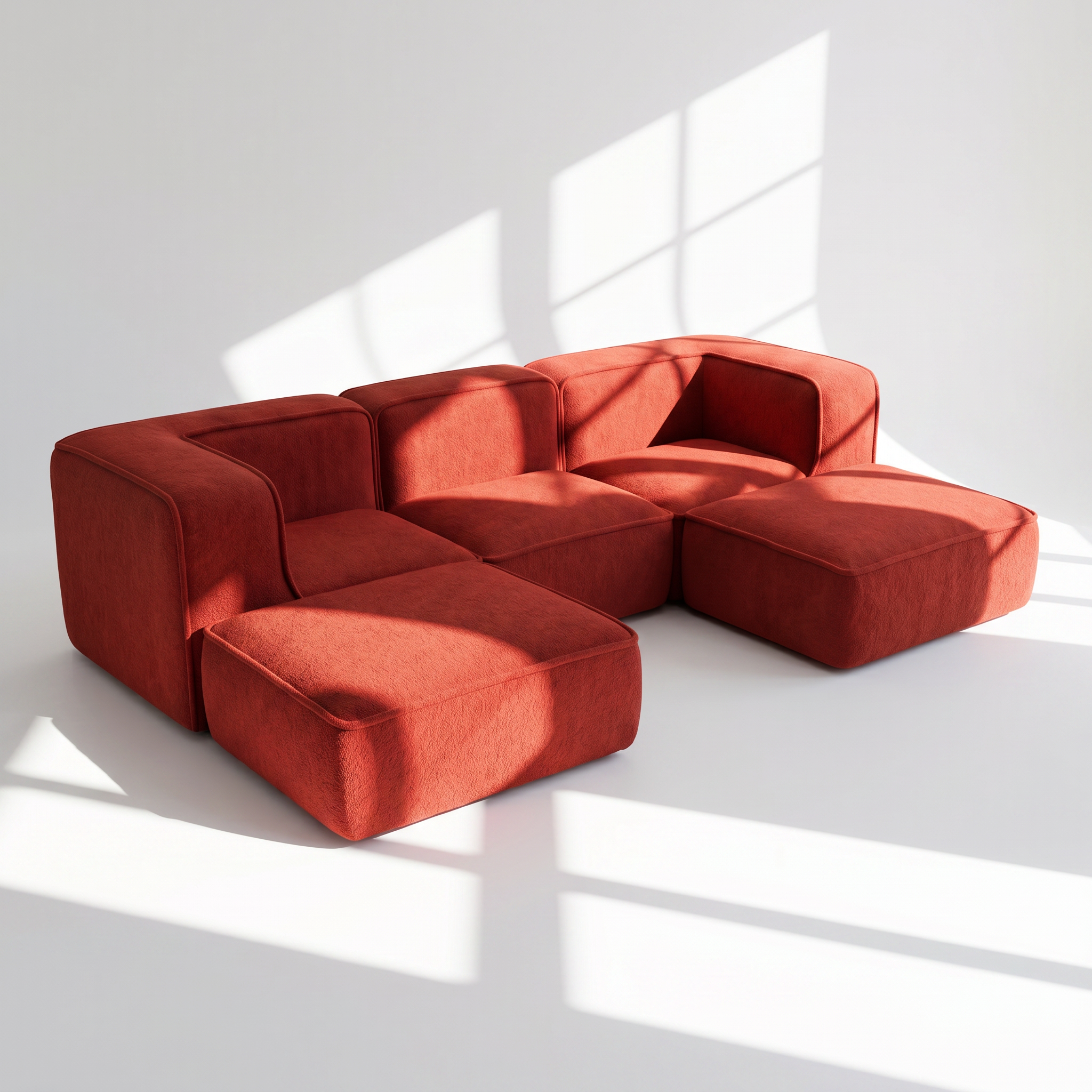 Sofá Modular Flow 3 Lugares 2 Cantos com 2 Apoios de Pé em Boucle Plus Terracota