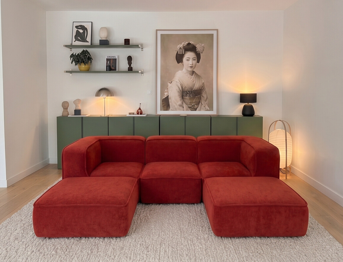 Sofá Modular Flow 3 Lugares 2 Cantos com 2 Apoios de Pé em Boucle Plus Terracota