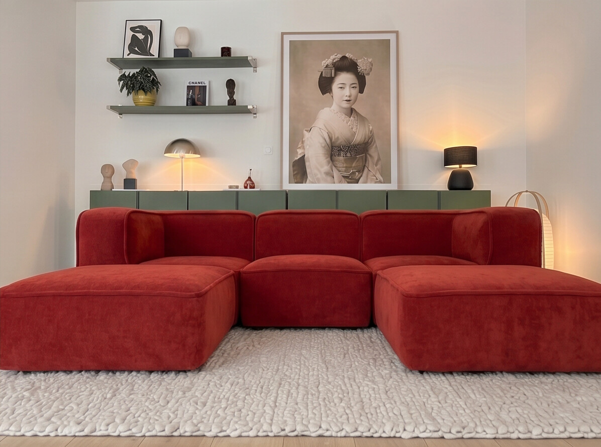 Sofá Modular Flow 3 Lugares 2 Cantos com 2 Apoios de Pé em Boucle Plus Terracota