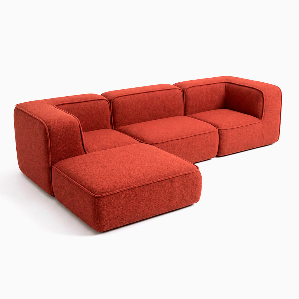 Sofá Modular Flow 3 Lugares 2 Cantos com 1 Apoio de Pé em Boucle Plus Terracota