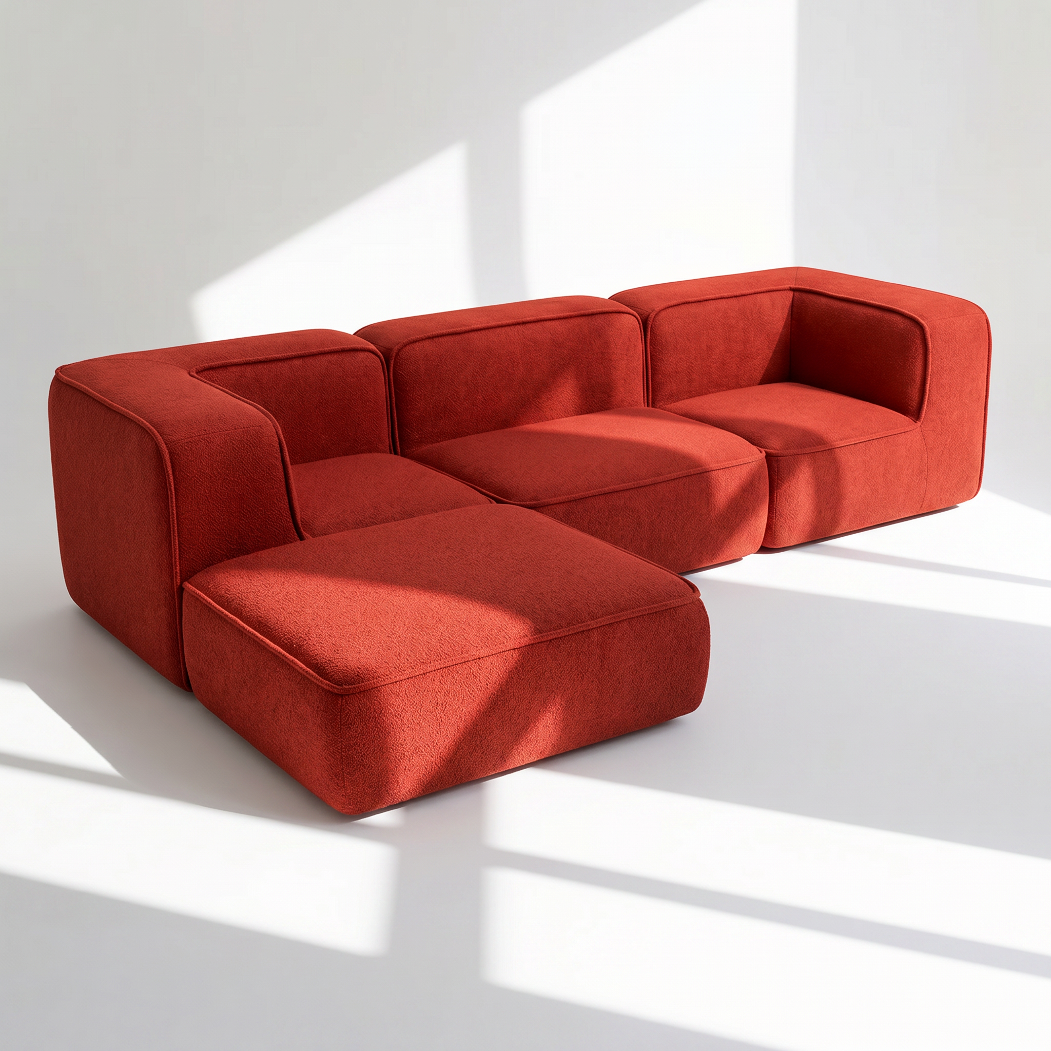 Sofá Modular Flow 3 Lugares 2 Cantos com 1 Apoio de Pé em Boucle Plus Terracota