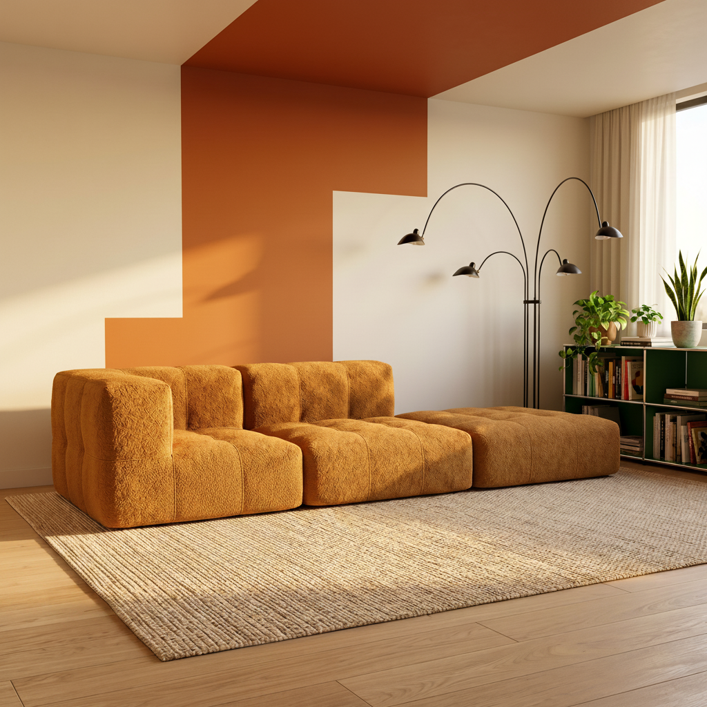 Sofá Modular 2 Lugares 1 Canto com 1 Apoio de Pé em Boucle Plus Mostarda