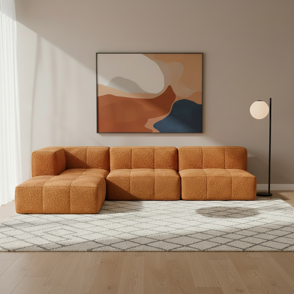 Sofá Modular 3 Lugares 1 Canto com 1 Apoio de Pé em Boucle Plus Mostarda