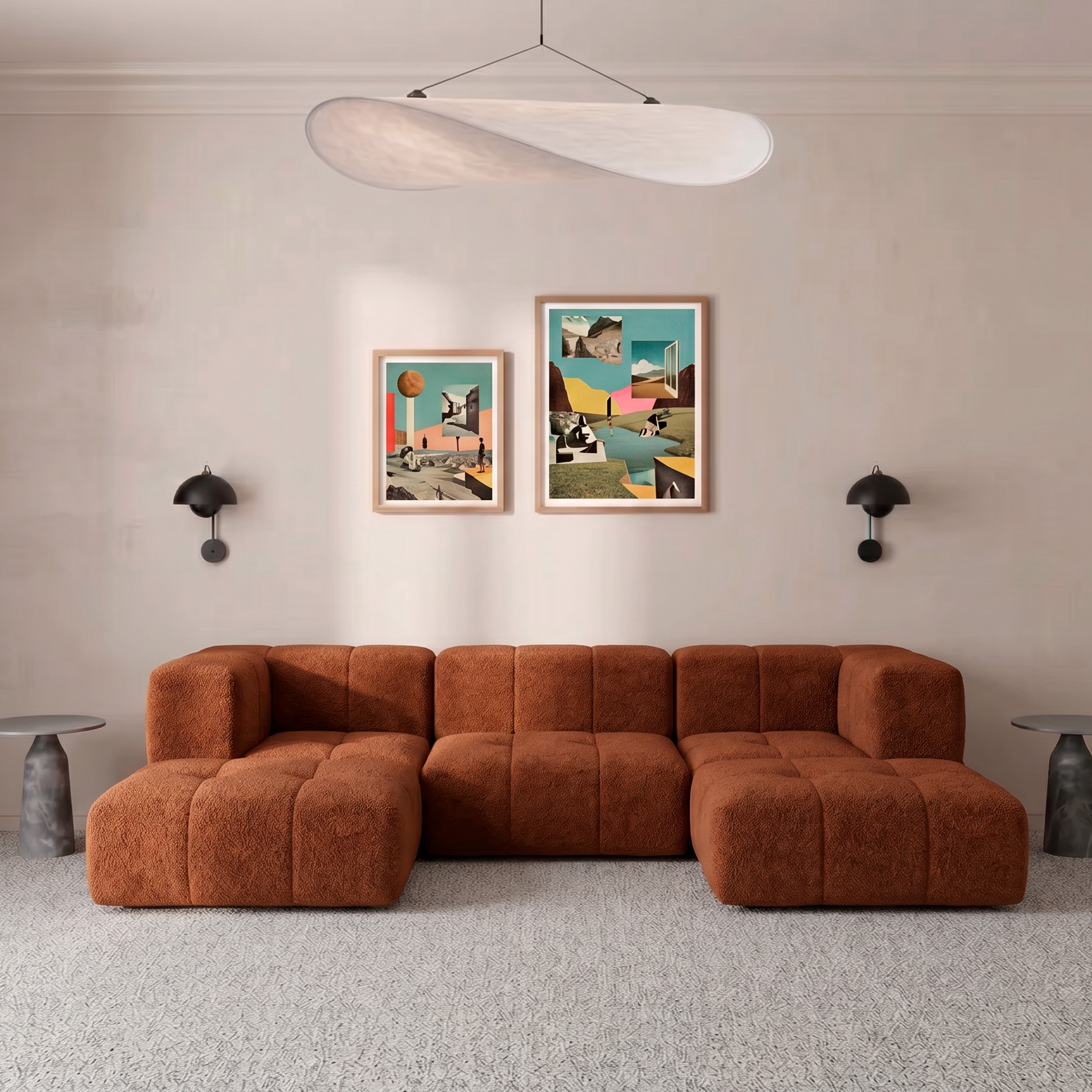 Sofá Modular 3 Lugares 2 Cantos com 2 Apoios de Pé em Boucle Plus Mostarda