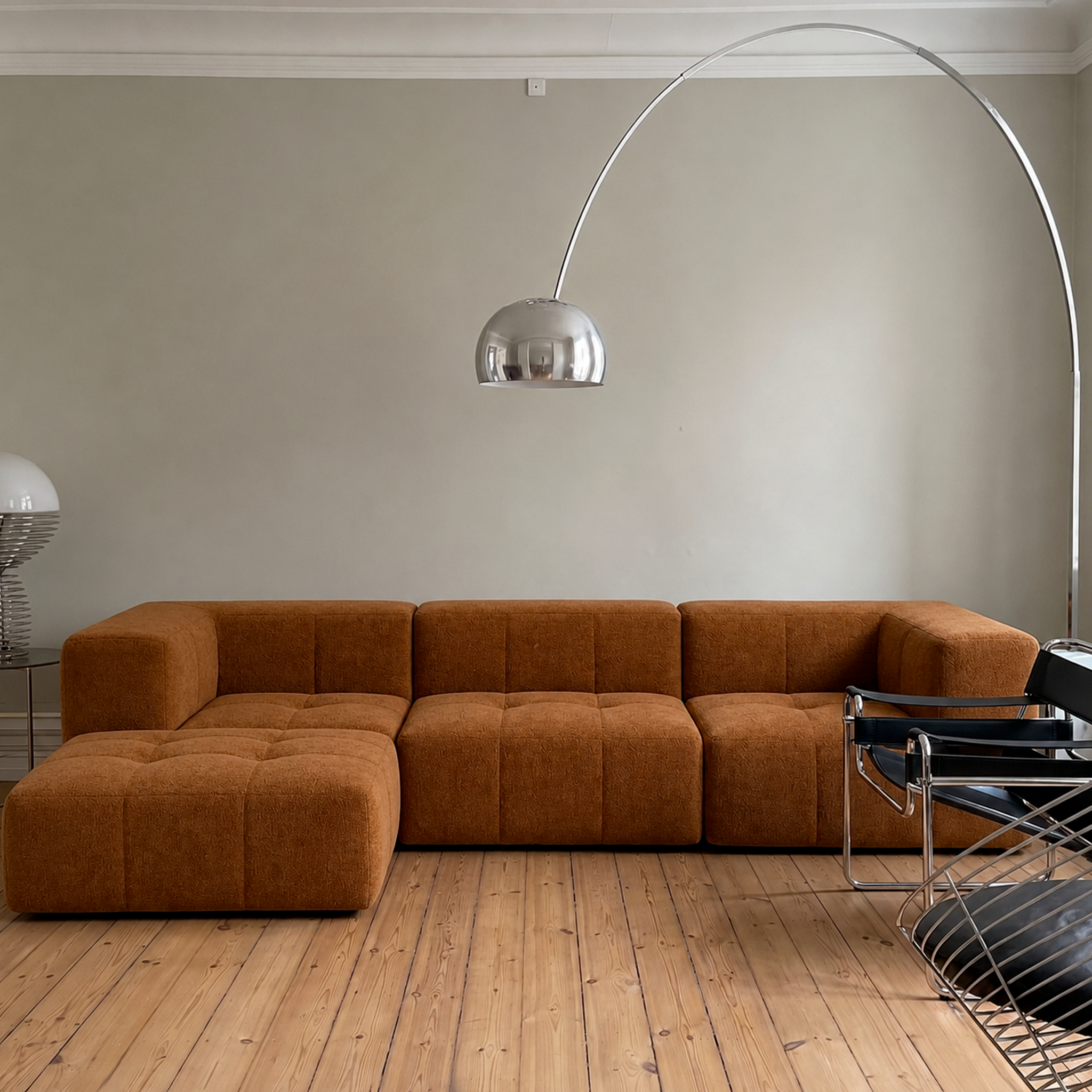 Sofá Modular 3 Lugares 2 Cantos com 1 Apoio de Pé em Boucle Plus Mostarda