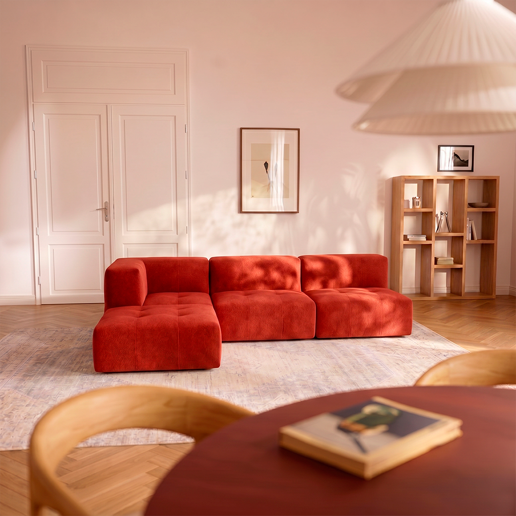 Sofá Modular 3 Lugares 1 Canto com 1 Apoio de Pé em Boucle Plus Terracota