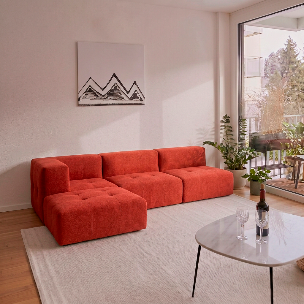 Sofá Modular 3 Lugares 1 Canto com 1 Apoio de Pé em Boucle Plus Terracota