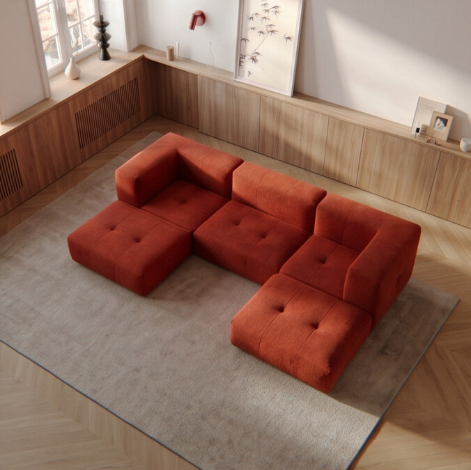 Sofá Modular 3 Lugares 2 Cantos com 2 Apoios de Pé em Boucle Plus Terracota