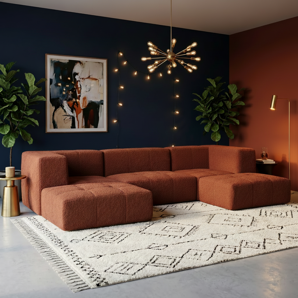Sofá Modular 3 Lugares 2 Cantos com 2 Apoios de Pé em Boucle Plus Terracota