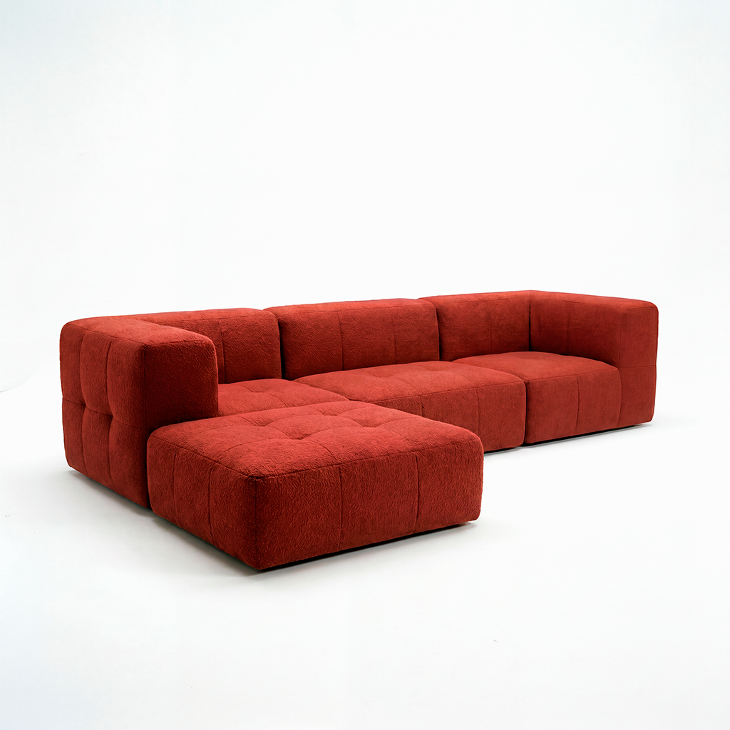 Sofá Modular 3 Lugares 2 Cantos com 1 Apoio de Pé em Boucle Plus Terracota