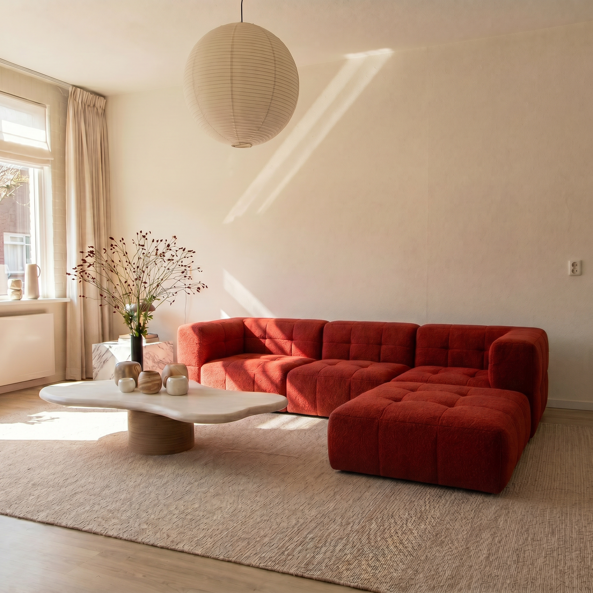 Sofá Modular 3 Lugares 2 Cantos com 1 Apoio de Pé em Boucle Plus Terracota