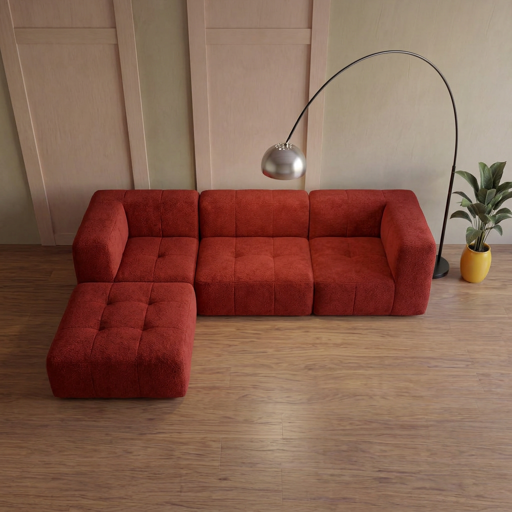 Sofá Modular 3 Lugares 2 Cantos com 1 Apoio de Pé em Boucle Plus Terracota