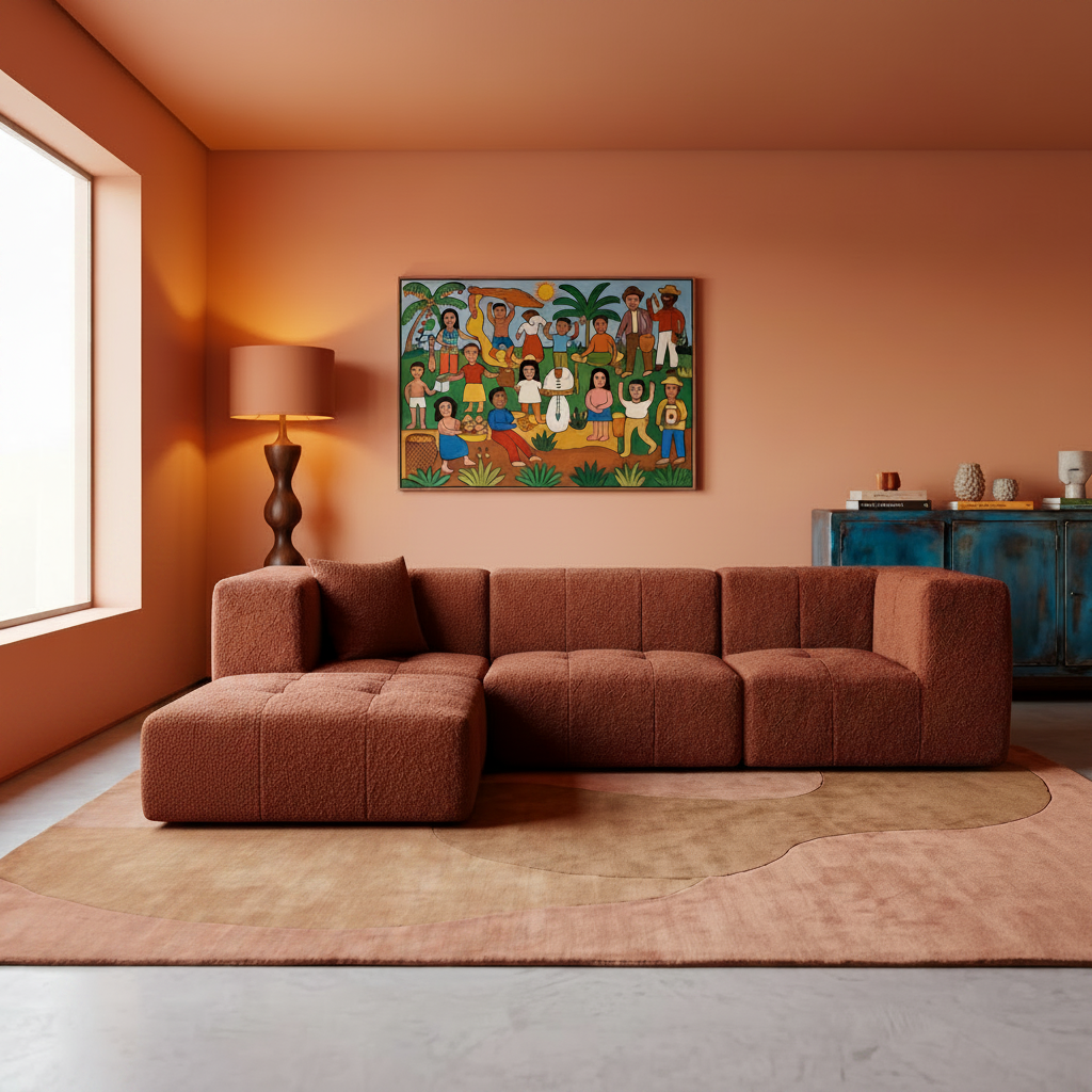 Sofá Modular 3 Lugares 2 Cantos com 1 Apoio de Pé em Boucle Plus Terracota