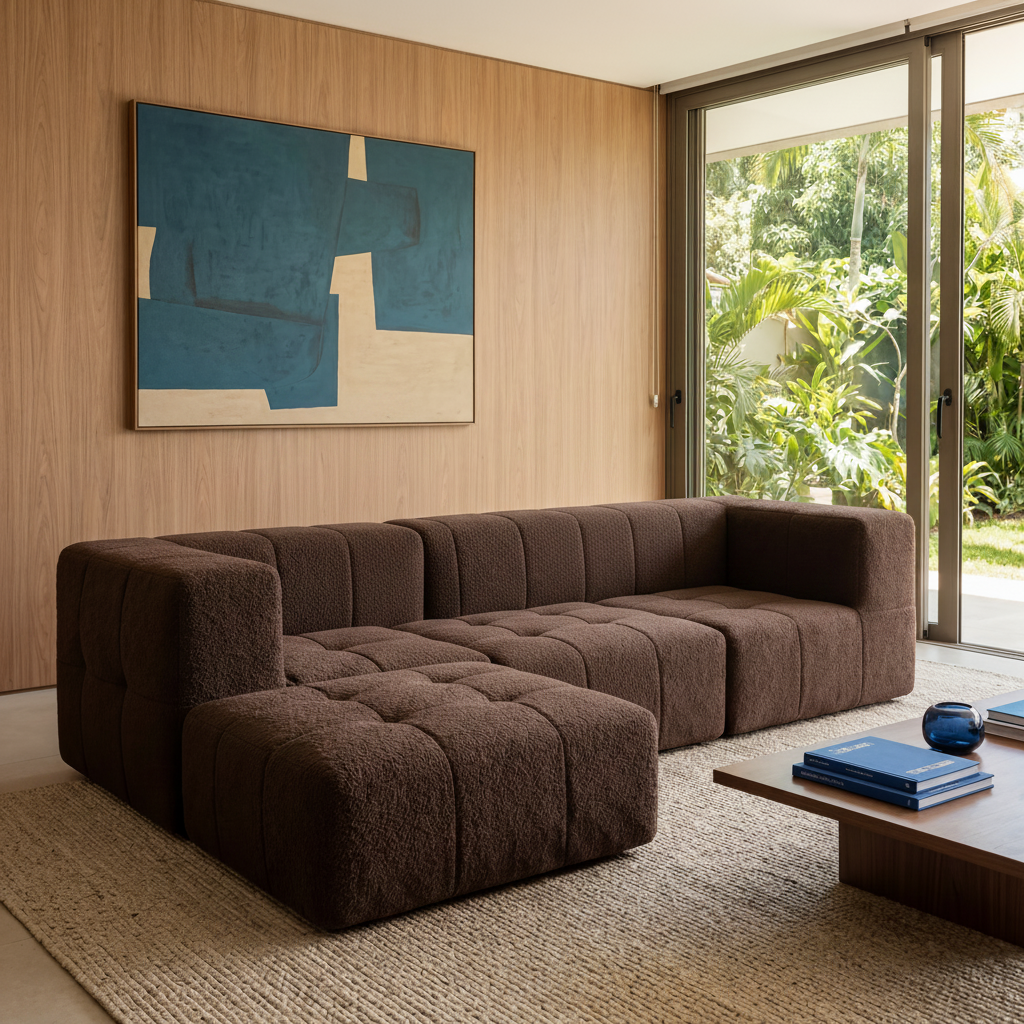 Sofá Modular 3 Lugares 2 Cantos com 1 Apoio de Pé em Boucle Plus Marrom