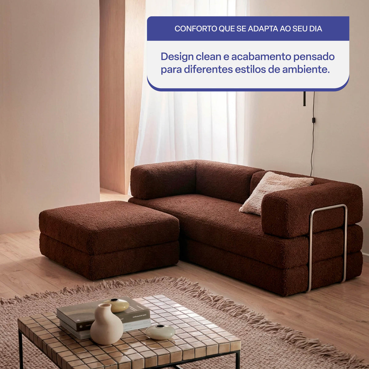 Sofá Cama Flowin com 1 Apoio de Pé em Boucle Plus Marrom