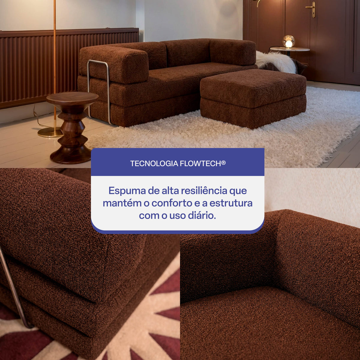Sofá Cama Flowin com 1 Apoio de Pé em Boucle Plus Marrom